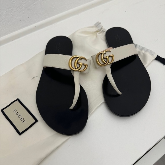 Gucci GG Thong Sandals* Eu 38.5/39* Beige Flat Flip Flop Marmont Logo - Picture 3 of 8